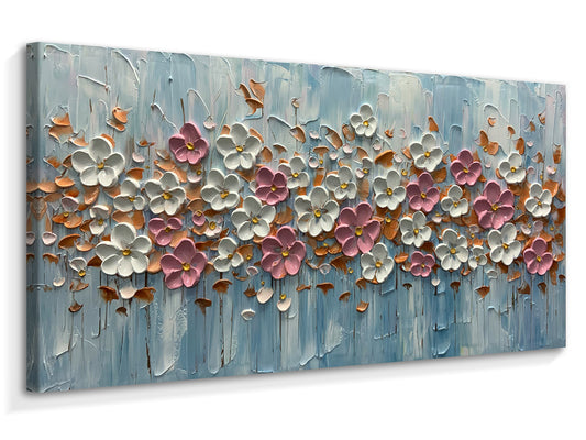 BASNLIFE 3D Hand-Painted Textured Cherry Blossom Oil Painting on Canvas Wall Art for Living Room, 48x24 inches