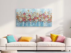 BASNLIFE 3D Hand-Painted Textured Cherry Blossom Oil Painting on Canvas Wall Art for Living Room, 48x24 inches