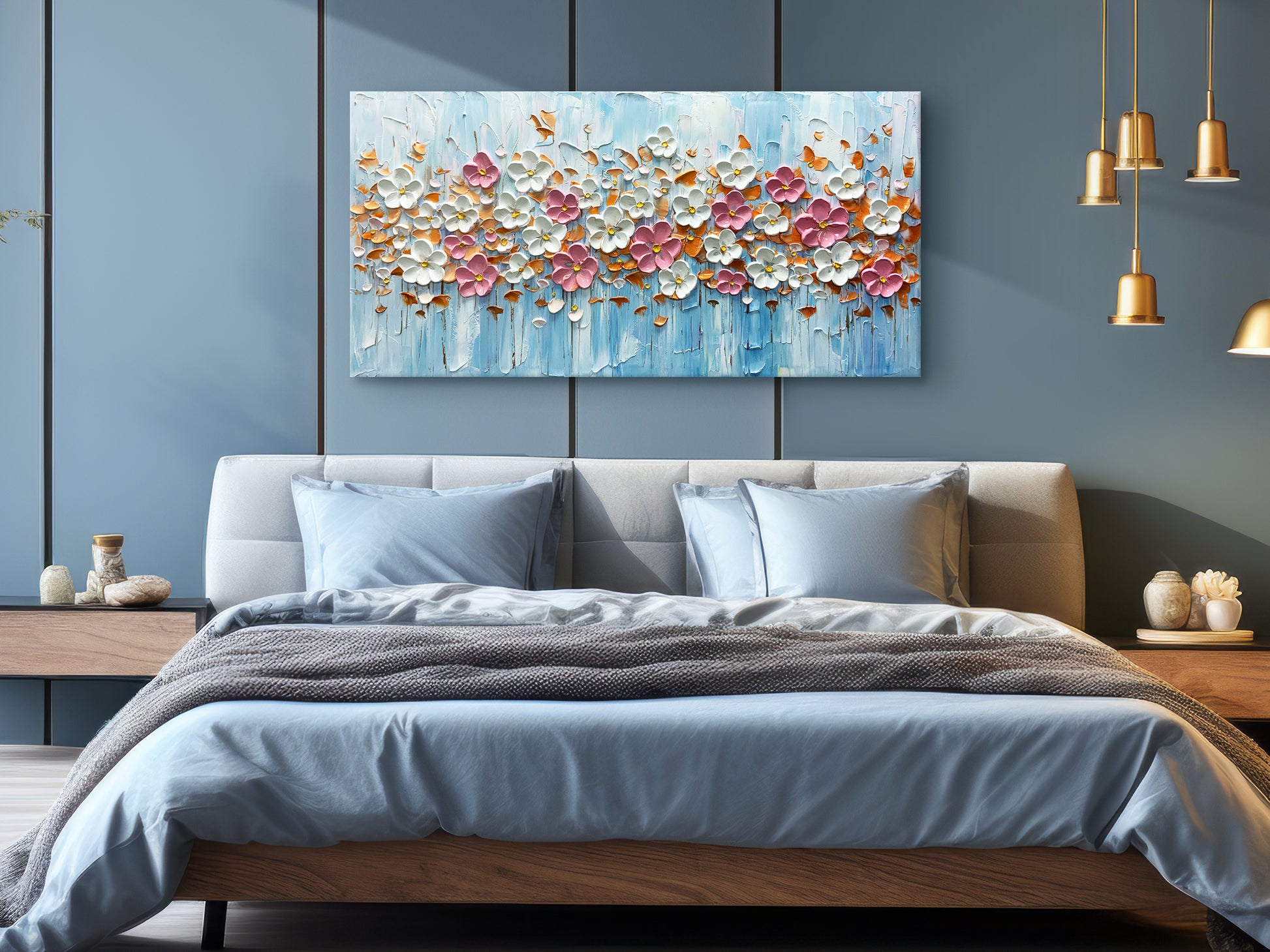 BASNLIFE 3D Hand-Painted Textured Cherry Blossom Oil Painting on Canvas Wall Art for Living Room, 48x24 inches